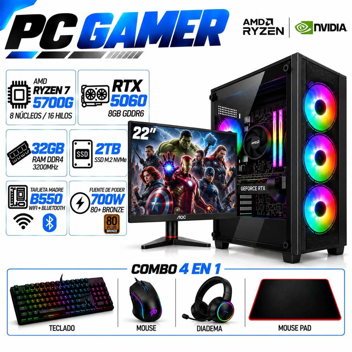 POWER GROUP - PC Gamer Ryzen 7 5700G | RTX 5060 8GB GDDR6 | 32GB RAM | 2TB SSD | MONITOR 22"| B550 WIFI+BLUE