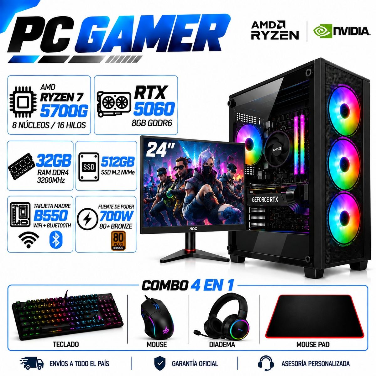 POWER GROUP - PC Gamer Ryzen 7 5700G | RTX 5060 8GB GDDR6 | 32GB RAM | 512GB SSD | MONITOR 24"| B550 WIFI+BLUE