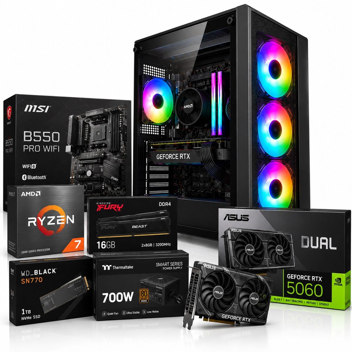 POWER GROUP - PC Gamer Ryzen 7 5700G | RTX 5060 8GB GDDR6 | 32GB RAM | 512GB SSD | MONITOR 24"| B550 WIFI+BLUE