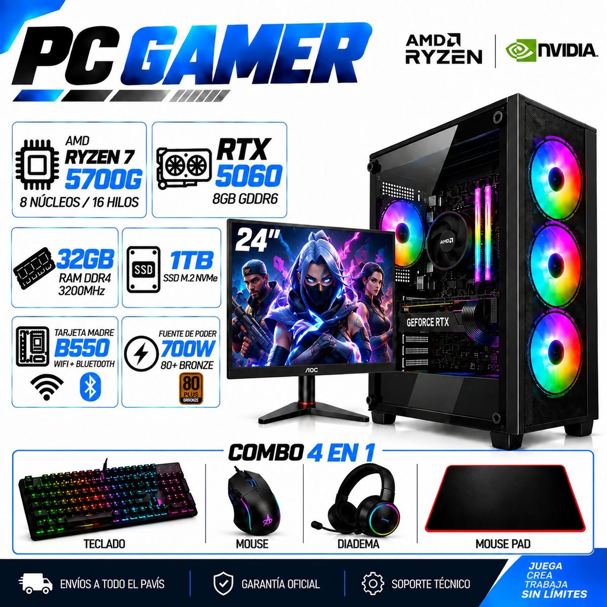 POWER GROUP - PC Gamer Ryzen 7 5700G | RTX 5060 8GB GDDR6 | 32GB RAM | 1TB SSD | MONITOR 24"| B550 WIFI+BLUE