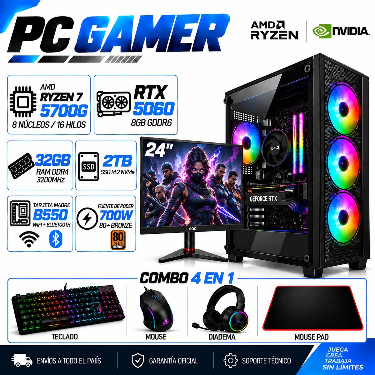 POWER GROUP - PC Gamer Ryzen 7 5700G | RTX 5060 8GB GDDR6 | 32GB RAM | 2TB SSD | MONITOR 24"| B550 WIFI+BLUE