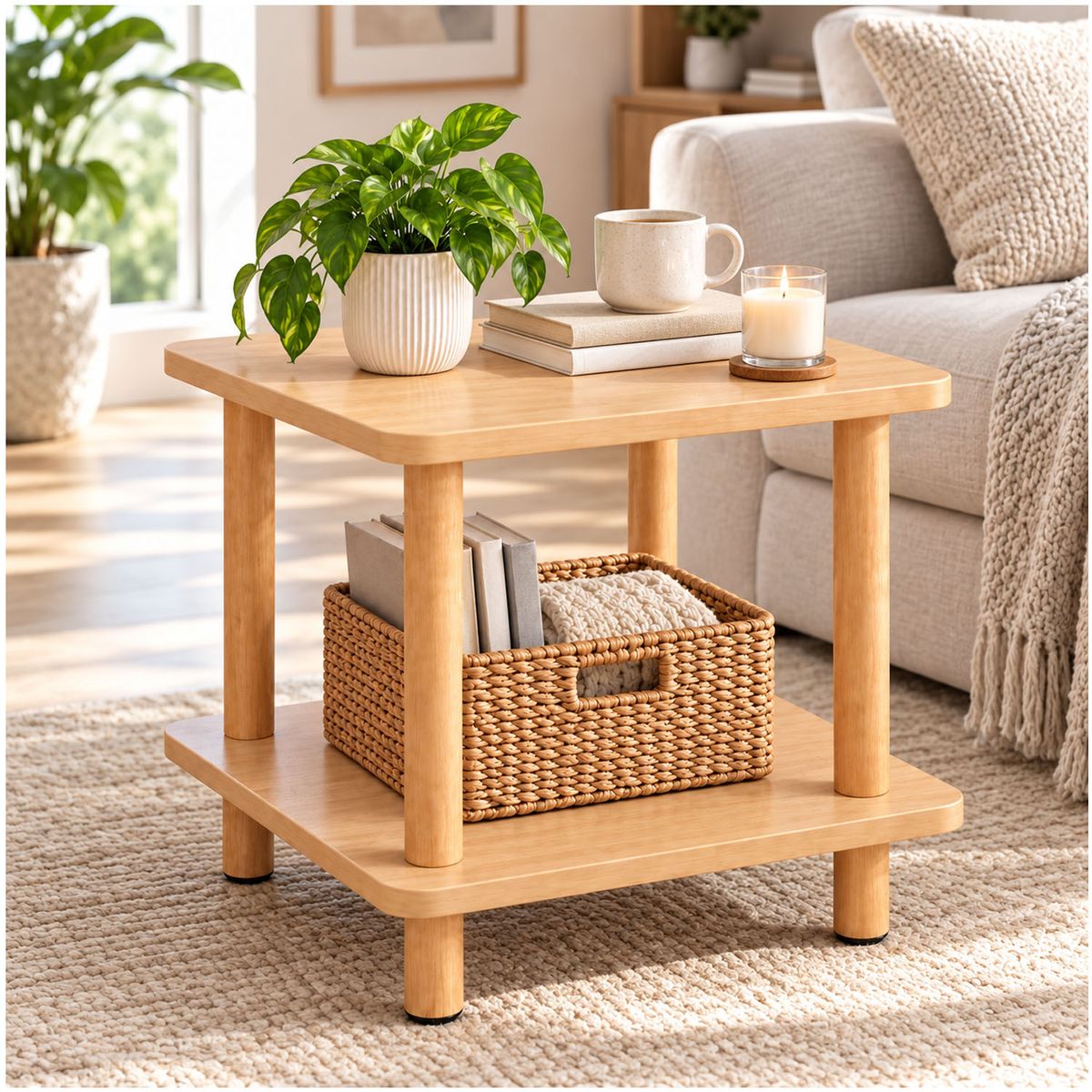 ONE PIXEL - Mesa Auxiliar 2 Niveles Blanca Con Patas Tipo Madera