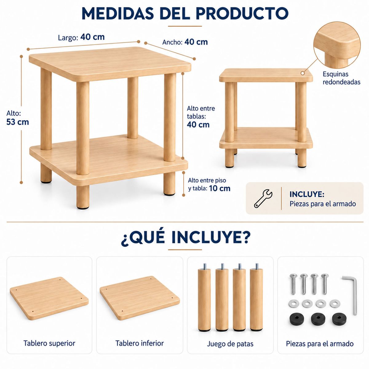 ONE PIXEL - Mesa Auxiliar 2 Niveles Blanca Con Patas Tipo Madera