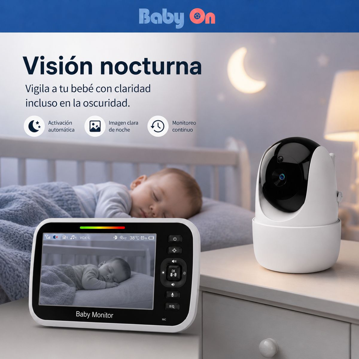 BABY ON - Monitor Bebé Cámara 5” Sin WiFi Visión Nocturna Audio Bidireccional BABY ON