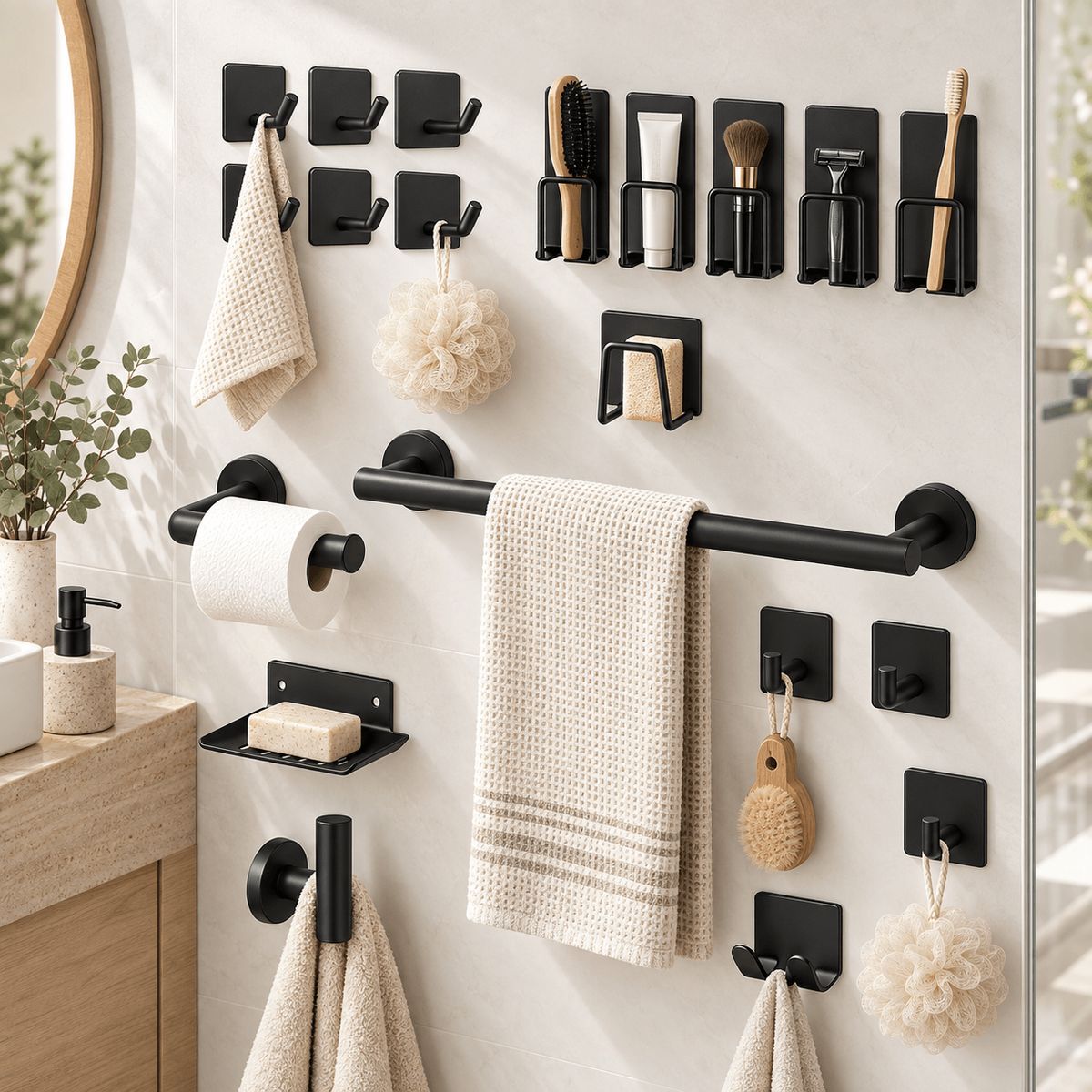 ONE PIXEL - Set De Accesorios Para Baño Negro 20 Piezas Organizadores