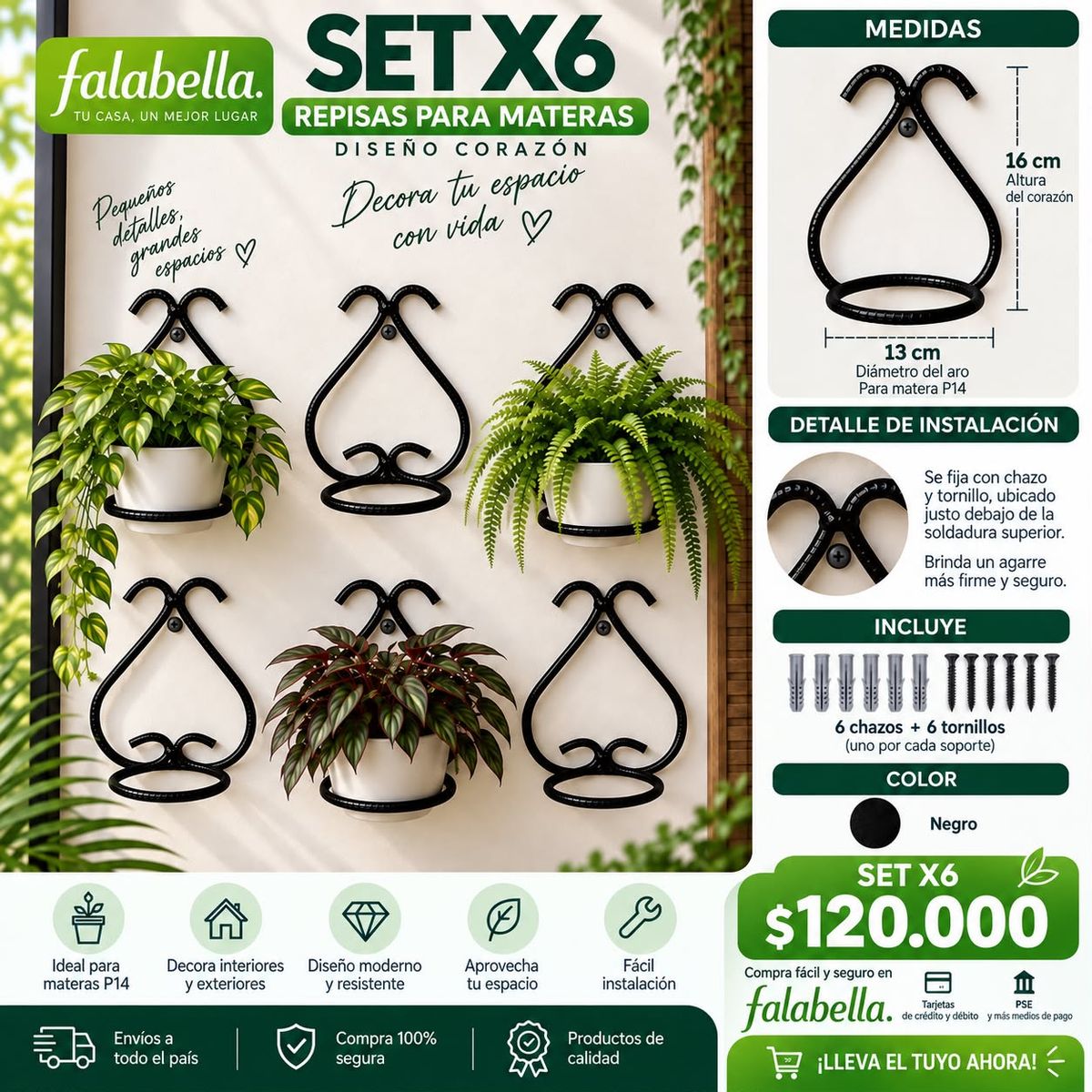 GENERICO - Set X6 Repisas para materas,  Diseño CORAZON, color NEGRO