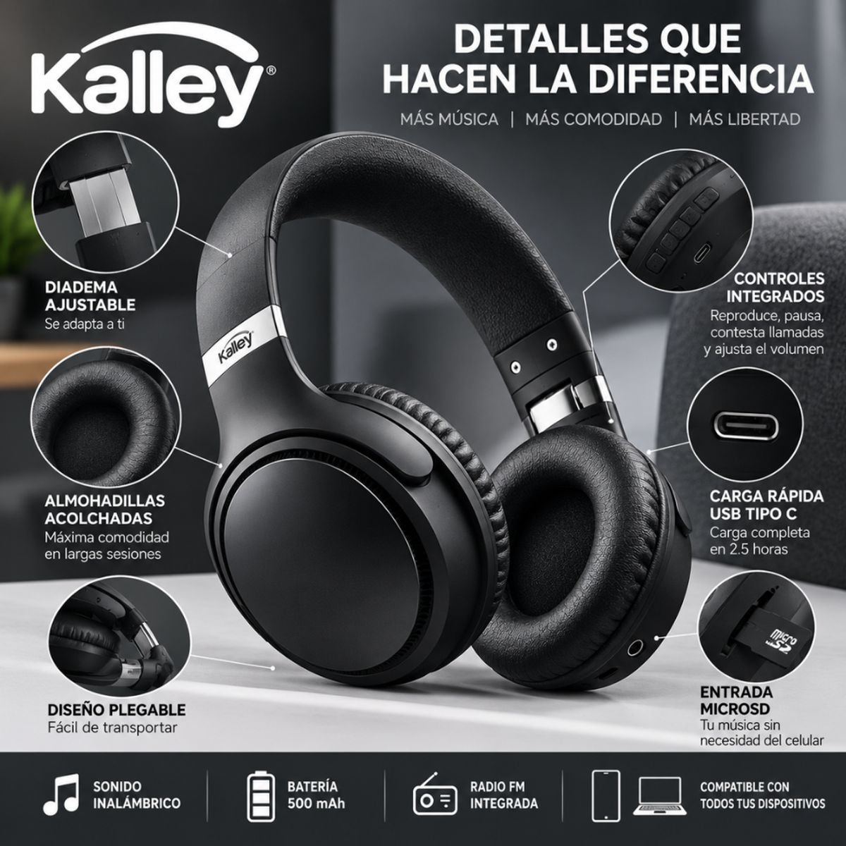 KALLEY - Audífonos Kalley K-AN1 Bluetooth Inalámbricos On Ear Negros 55 Horas MicroSD