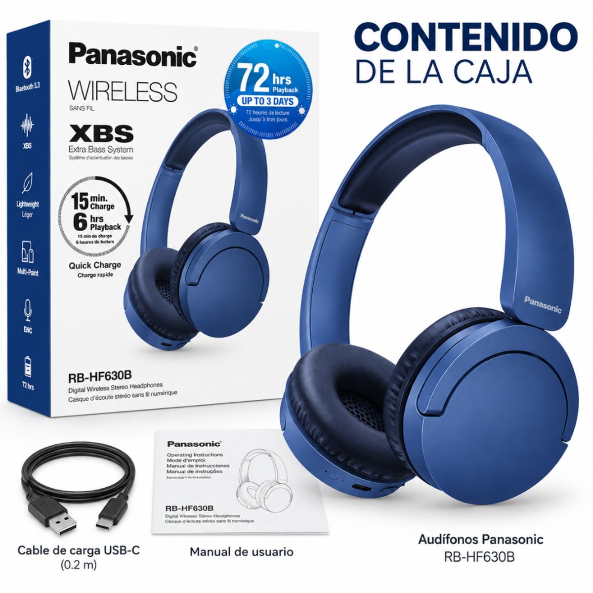 PANASONIC - Audífonos Panasonic RB-HF630B Bluetooth 5.3 72H XBS Multipunto