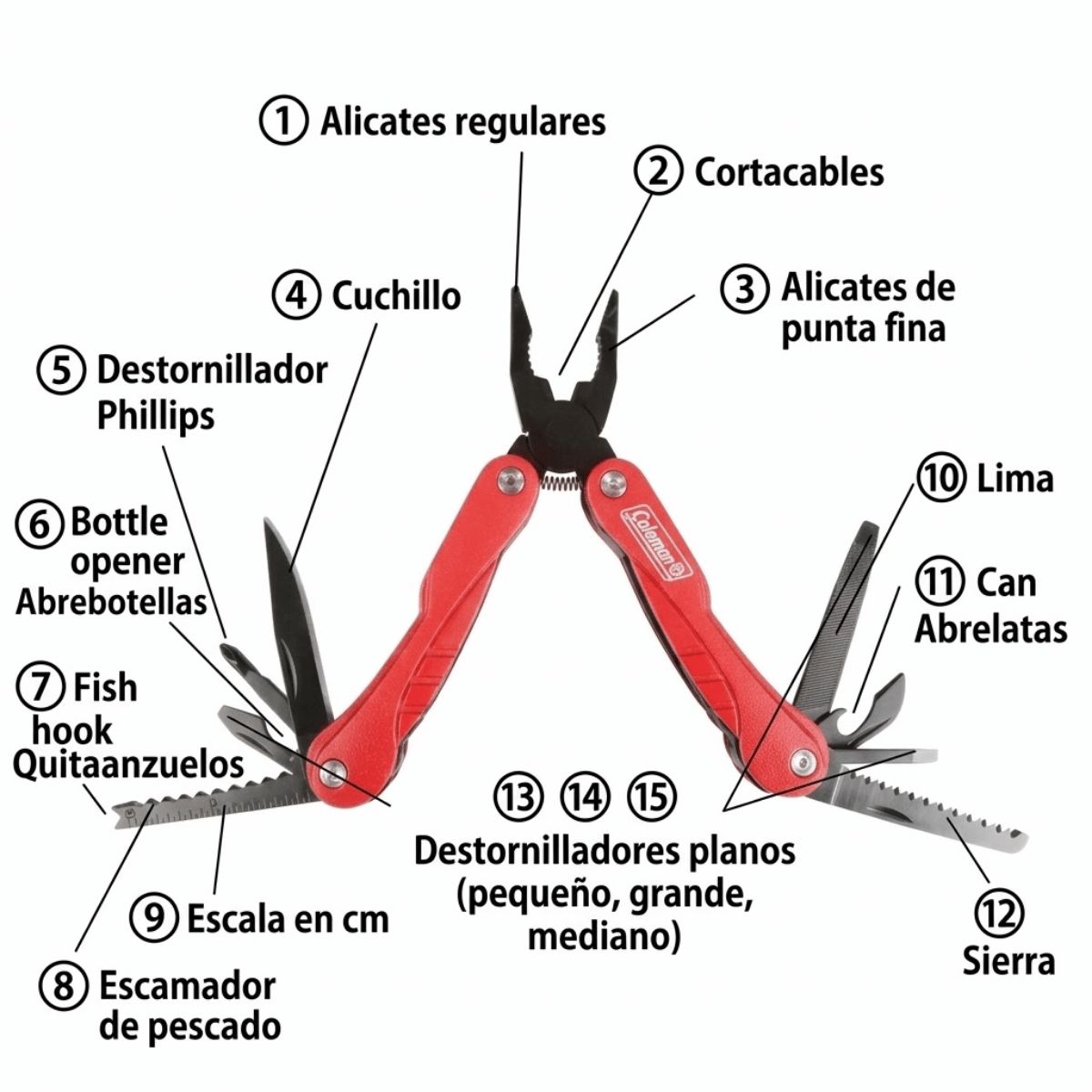 COLEMAN - Herramienta Multiusos Alicate Navaja Abrelatas Camping Pesca Coleman