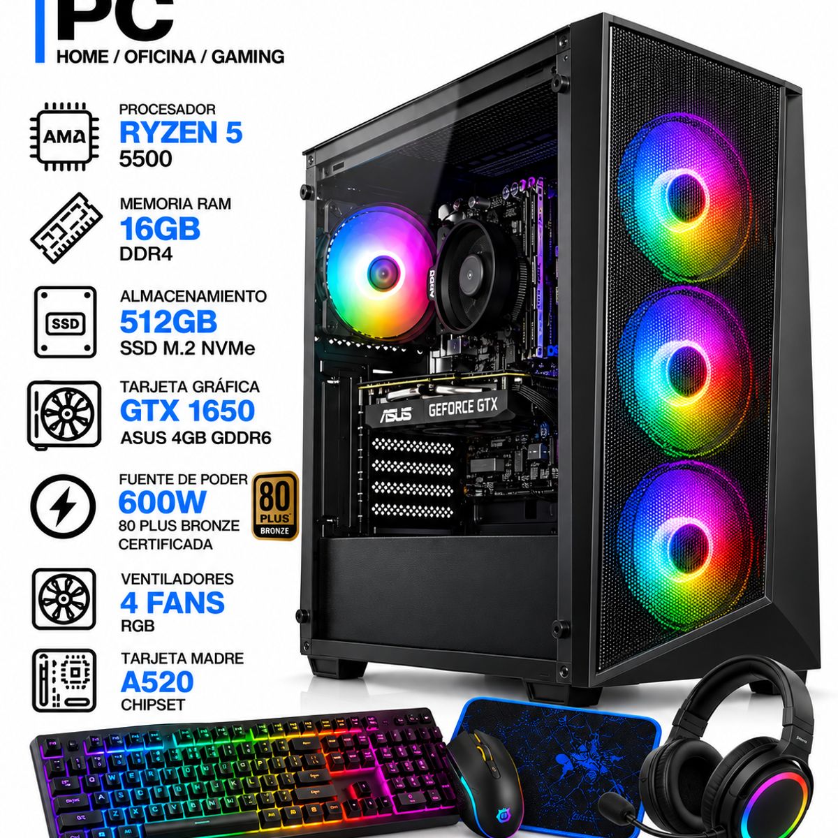 POWER GROUP - PC GAMER RYZEN 5 5500 + GTX 1650 ASUS 4GB | 16GB RAM | SSD 512GB | 600W 80+BRONZE | COMBO 4 EN 1