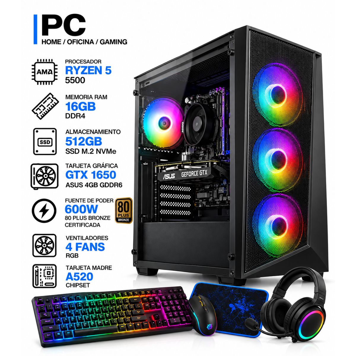 POWER GROUP - PC GAMER RYZEN 5 5500 + GTX 1650 ASUS 4GB | 16GB RAM | SSD 512GB | 600W 80+BRONZE | COMBO 4 EN 1