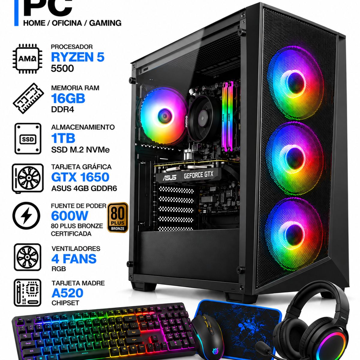 POWER GROUP - PC GAMER RYZEN 5 5500 + GTX 1650 ASUS 4GB | 16GB RAM | SSD 1TB | 600W 80+BRONZE | COMBO 4 EN 1