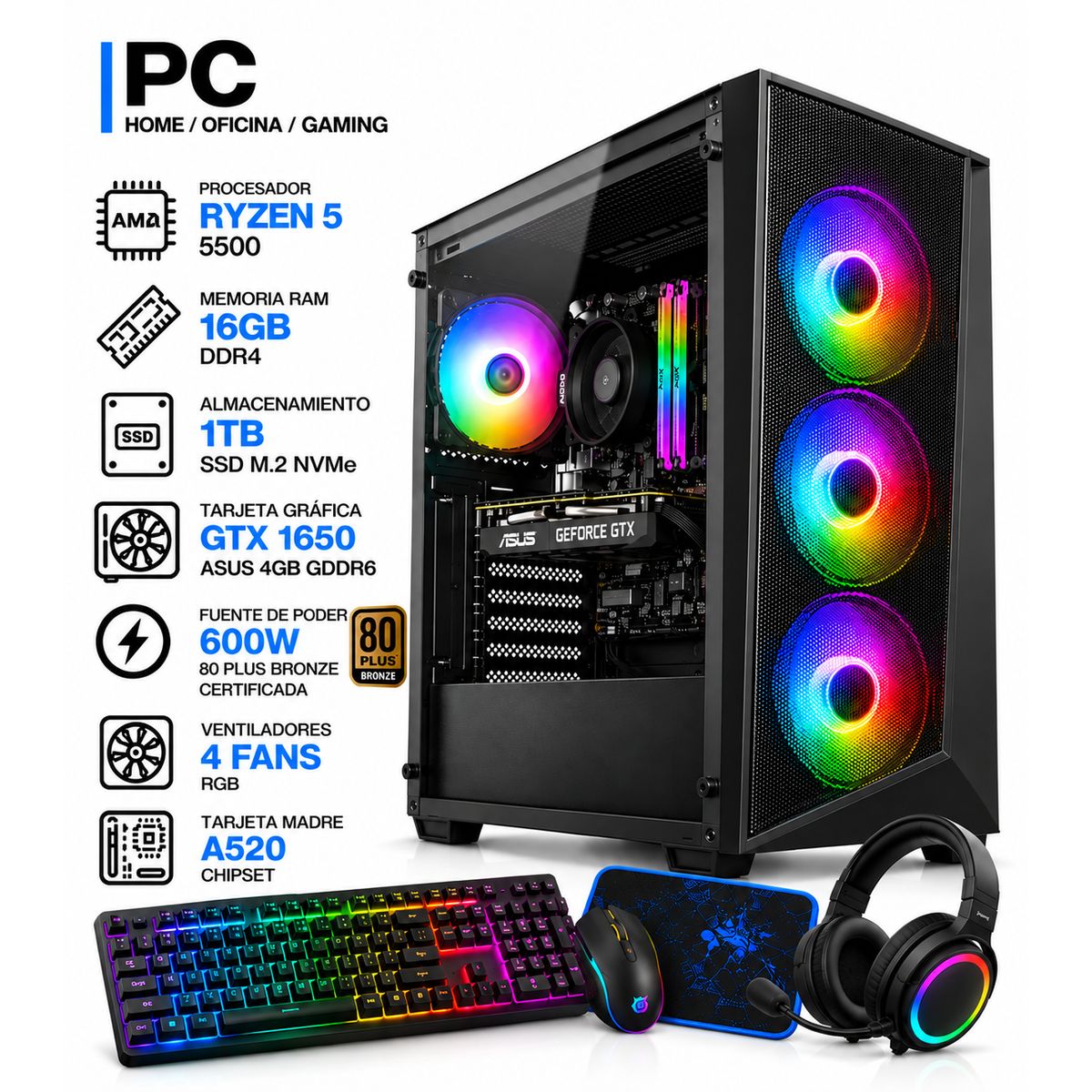 POWER GROUP - PC GAMER RYZEN 5 5500 + GTX 1650 ASUS 4GB | 16GB RAM | SSD 1TB | 600W 80+BRONZE | COMBO 4 EN 1