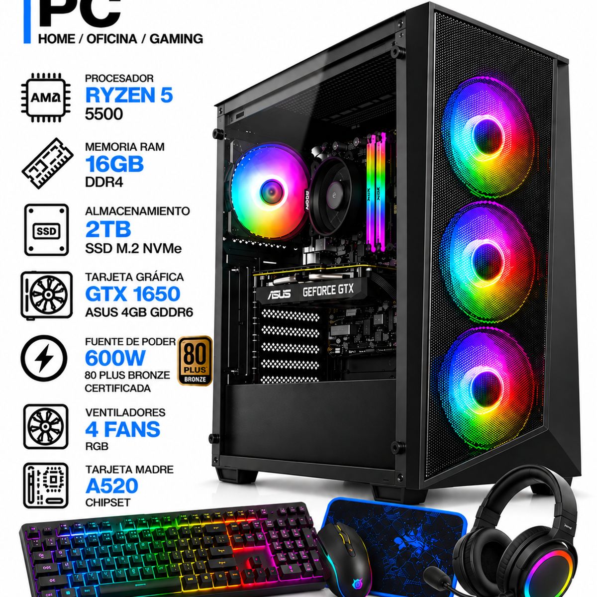 POWER GROUP - PC GAMER RYZEN 5 5500 + GTX 1650 ASUS 4GB | 16GB RAM | SSD 2TB | 600W 80+BRONZE | COMBO 4 EN 1