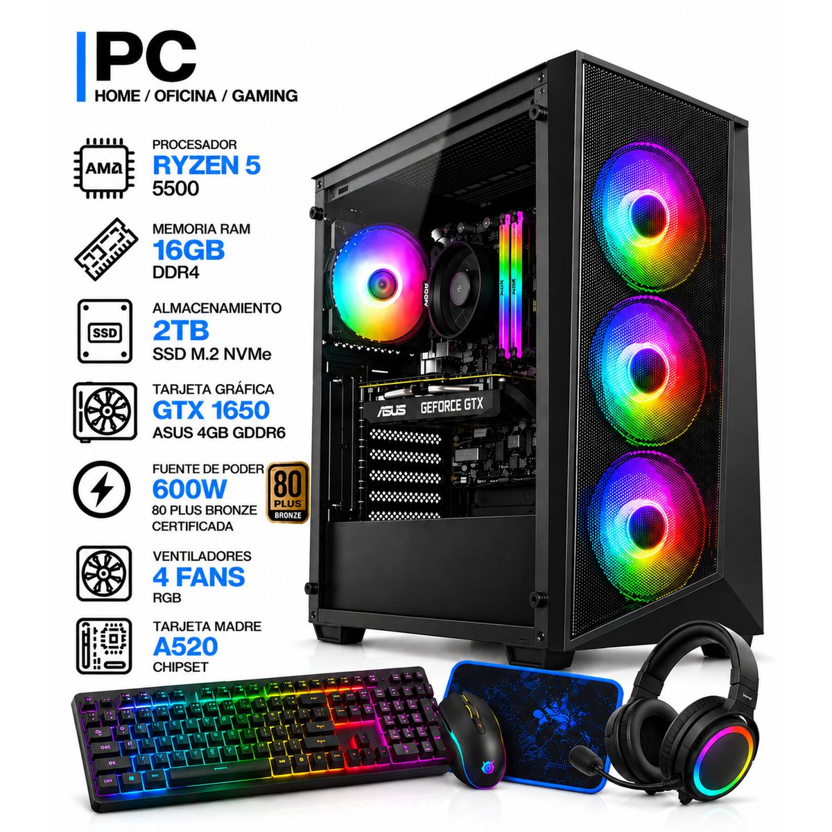 POWER GROUP - PC GAMER RYZEN 5 5500 + GTX 1650 ASUS 4GB | 16GB RAM | SSD 2TB | 600W 80+BRONZE | COMBO 4 EN 1
