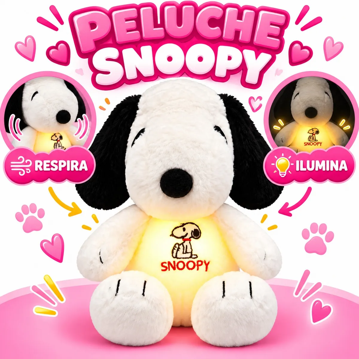 GENERICO - Peluche Snoopy Interactivo con Efecto Respiración, Luz en la Pancita y Sonido
