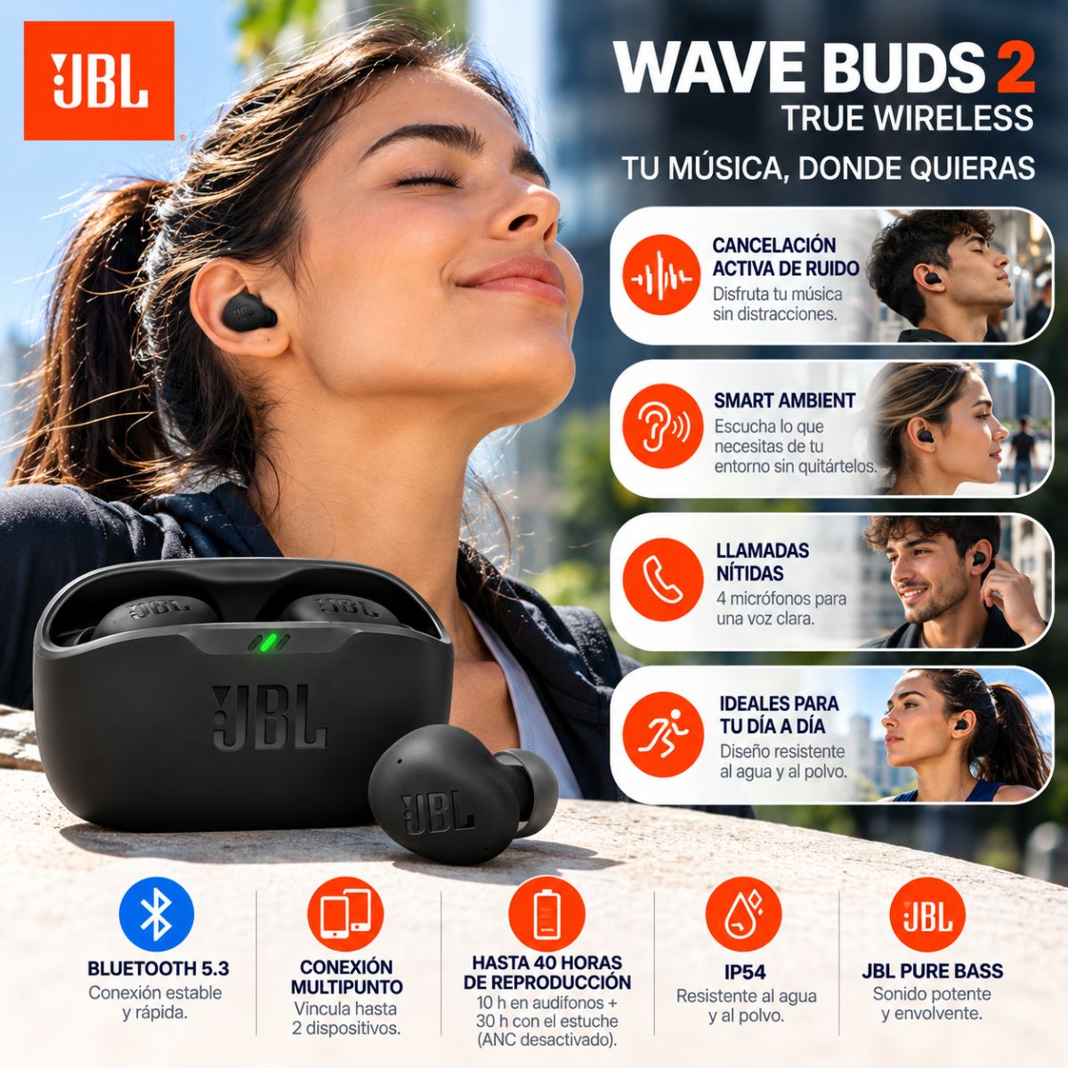 JBL - JBL Wave Buds 2 Audífonos Bluetooth 5.3 ANC Pure Bass IP54 Negros