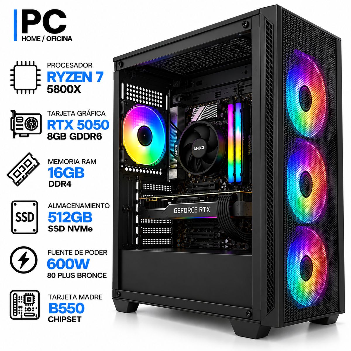ASUS - PC GAMER RYZEN 7 5800X + RTX 5050 8GB GDDR6 | 16 GB RAM | 512GB SSD NVMe | B550 | 600W 80+ BR