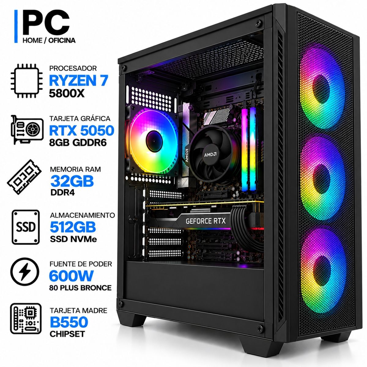 ASUS - PC GAMER RYZEN 7 5800X + RTX 5050 8GB GDDR6 | 32GB RAM | 512GB SSD NVMe | B550 | 600W 80+ BR