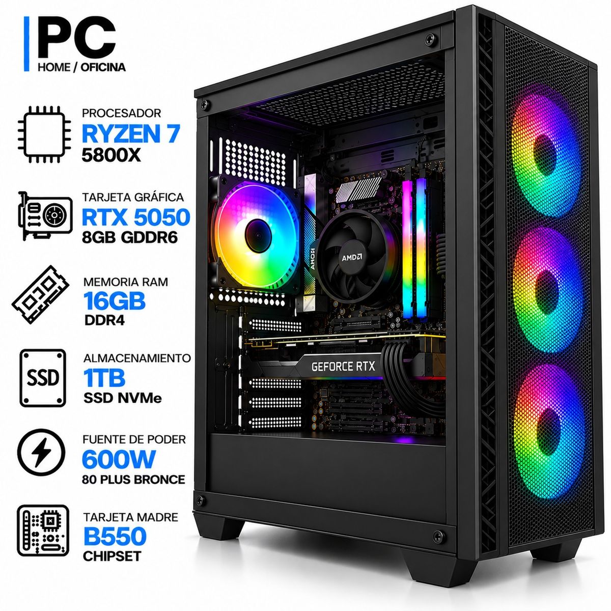 ASUS - PC GAMER RYZEN 7 5800X + RTX 5050 8GB GDDR6 | 16GB RAM | 1TB SSD NVMe | B550 | 600W 80+ BR