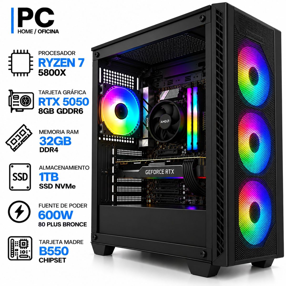 ASUS - PC GAMER RYZEN 7 5800X + RTX 5050 8GB GDDR6 | 32GB RAM | 1TB SSD NVMe | B550 | 600W 80+ BR