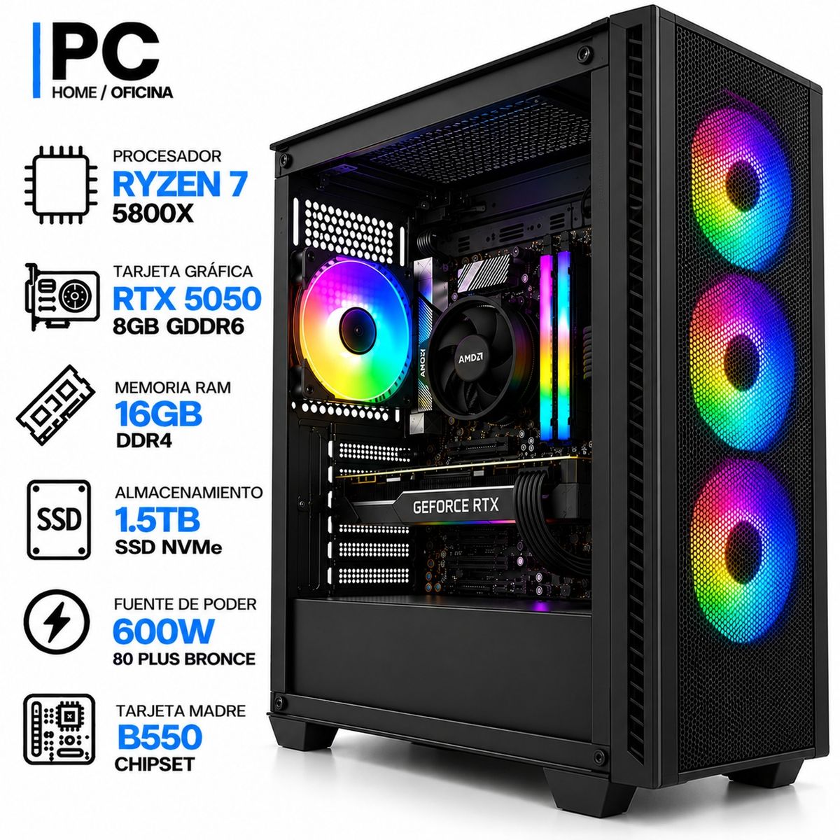 ASUS - PC GAMER RYZEN 7 5800X + RTX 5050 8GB GDDR6 | 16GB RAM | 1.5TB SSD NVMe | B550 | 600W 80+ BR