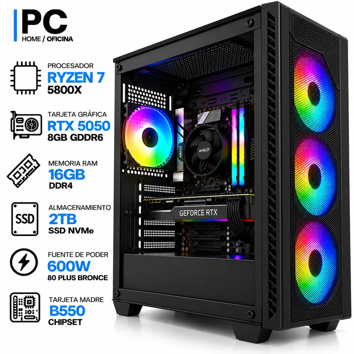 ASUS - PC GAMER RYZEN 7 5800X + RTX 5050 8GB GDDR6 | 16GB RAM | 2TB SSD NVMe | B550 | 600W 80+ BR