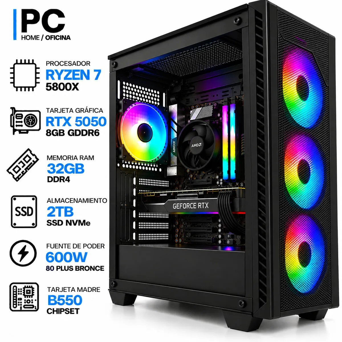 ASUS - PC GAMER RYZEN 7 5800X + RTX 5050 8GB GDDR6 | 32GB RAM | 2TB SSD NVMe | B550 | 600W 80+ BR
