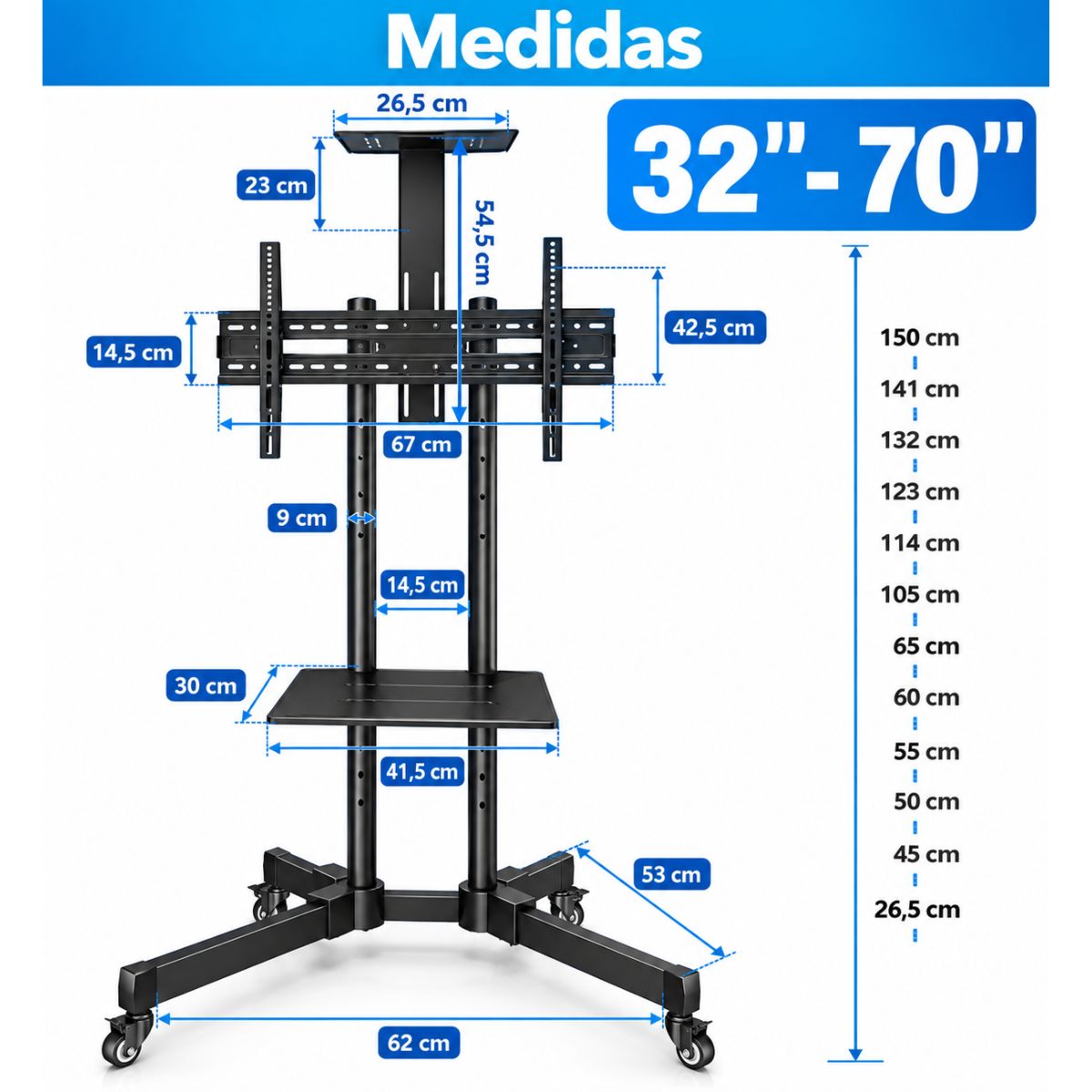 GENERICO - Soporte de Piso Móvil para TV 32 a 70 Pulgadas Ajustable con Repisas