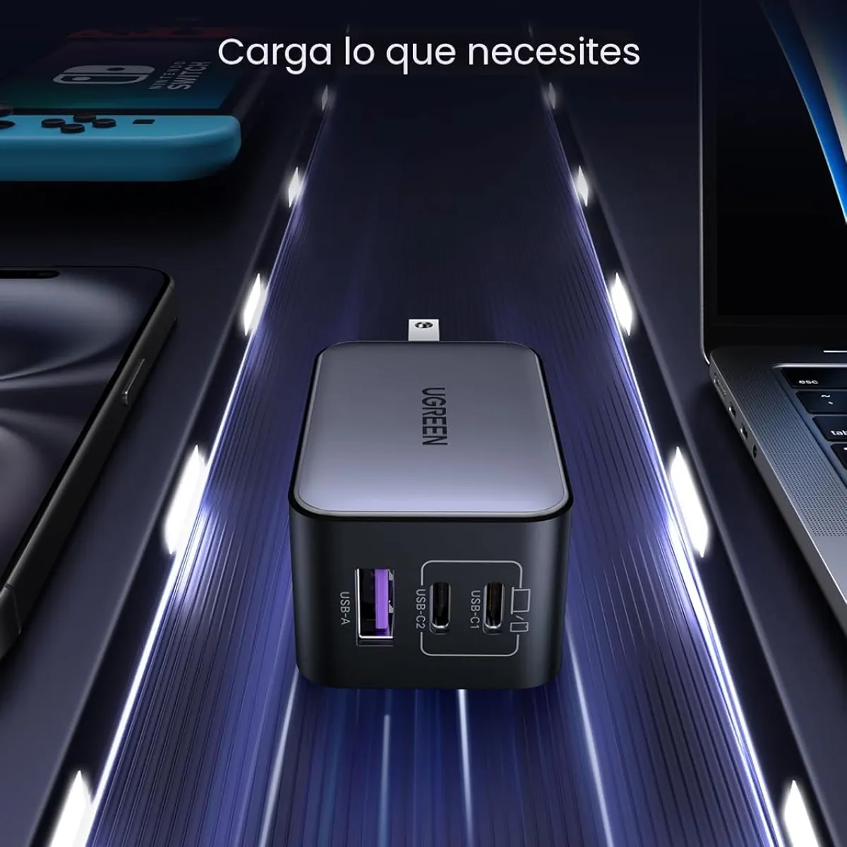 UGREEN - Cargador 65W UGREEN Nexode GaN, Carga Rápida, 3 puertos (2 USB-C + 1 USB-A), Plateado