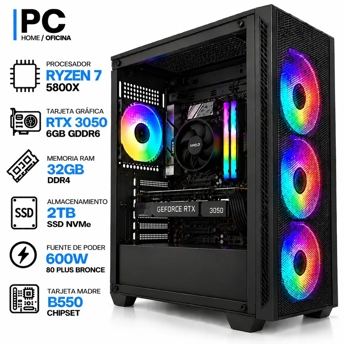 ASUS - PC GAMER RYZEN 7 5800X + RTX 3050 6GB GDDR6 | 32GB RAM | 2TB SSD NVMe | B550 | 600W 80+ BR