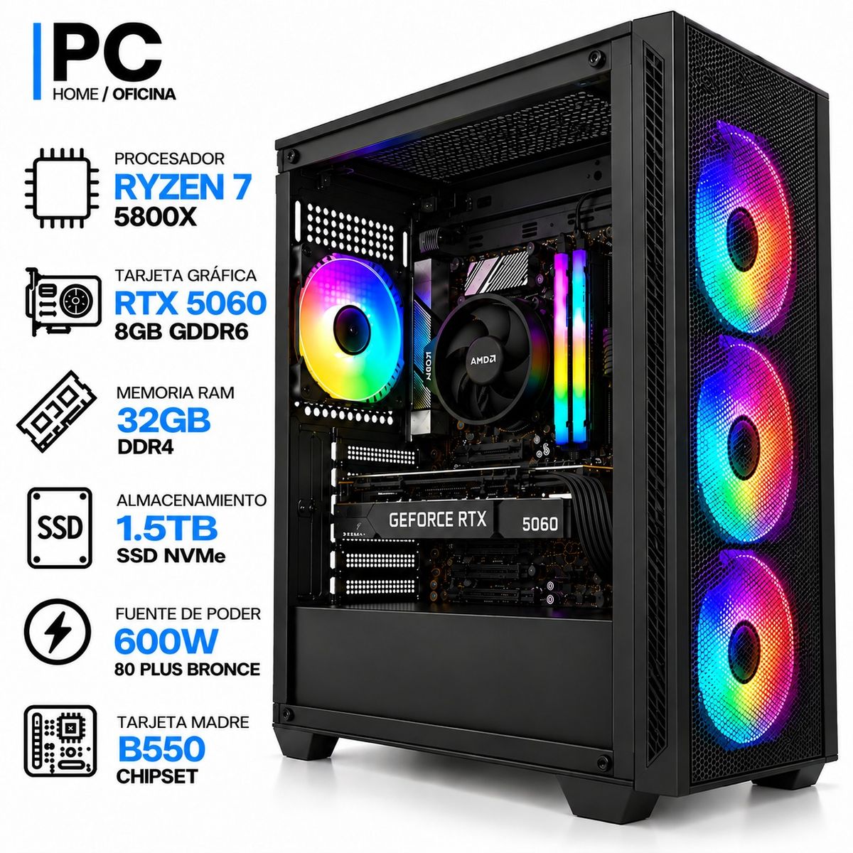 ASUS - PC GAMER RYZEN 7 5800X + RTX 5060 8GB GDDR6 | 32GB RAM | 1.5TB SSD NVMe | B550 | 600W 80+ BR