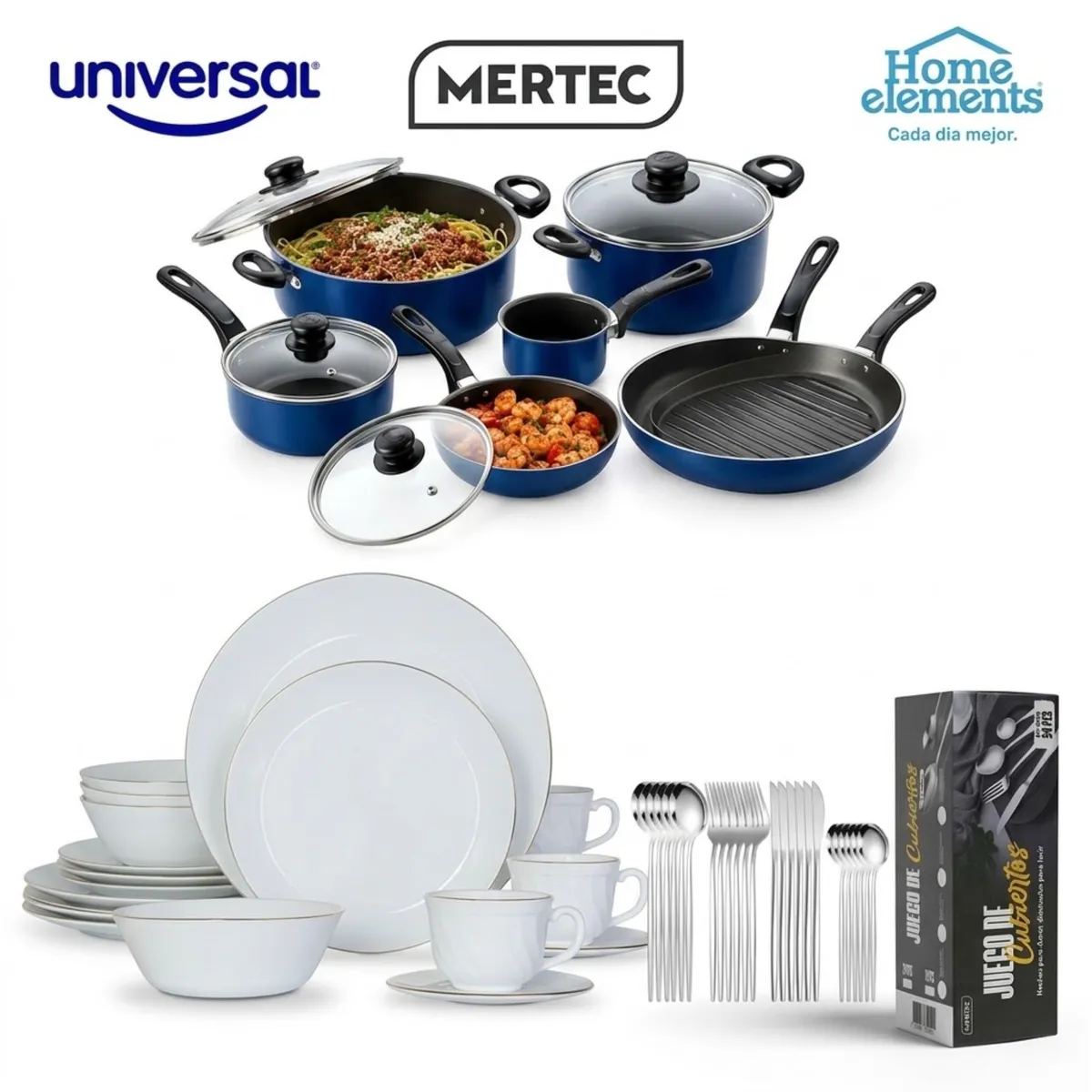UNIVERSAL - Combo Batería Universal 11 P Azul+Vajilla Home Elements Borde Dorado 16 P+Juego de Cubiertos Mertec