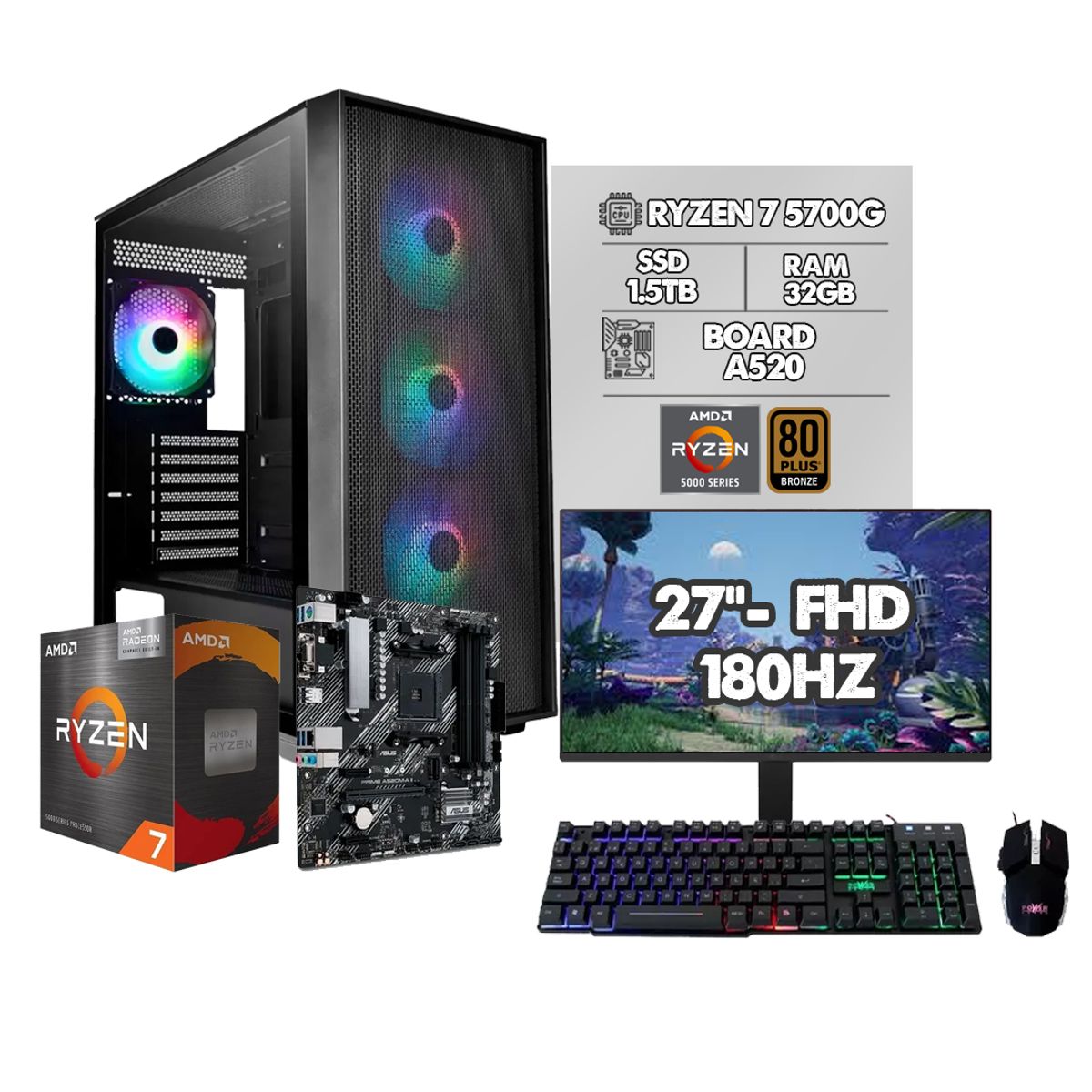 AMD - PC GAMER RYZEN 7 5700G – 32GB RAM – SSD 1.5TB + MONITOR 27” 180Hz - IDEAL PARA GAMING