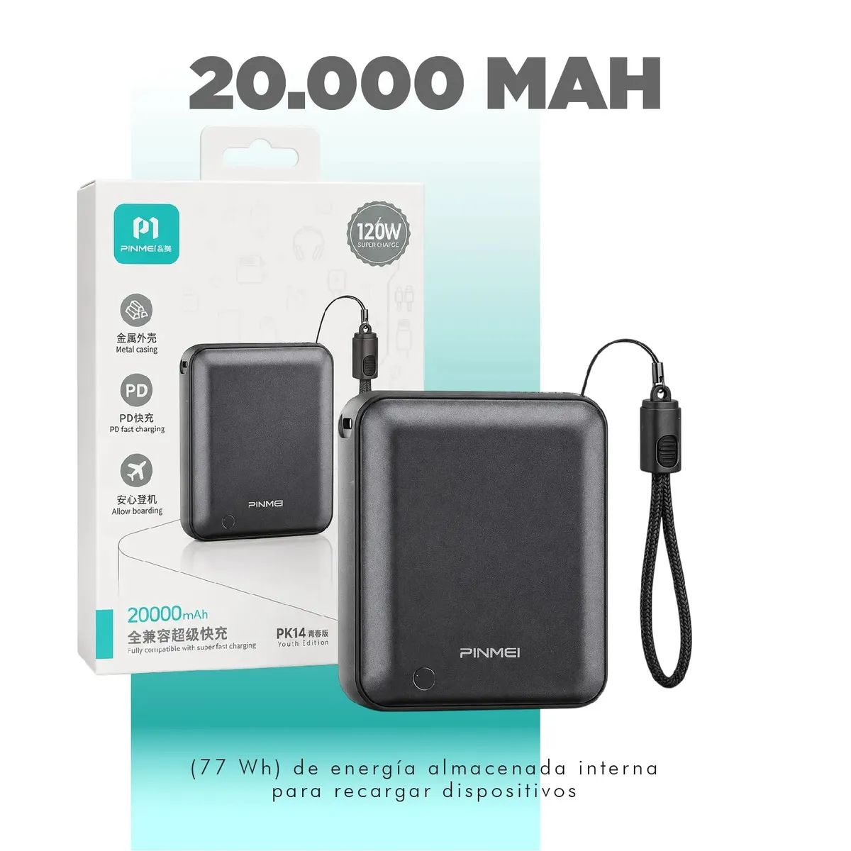 INNOVA - Power Bank 20000 mAh Carga Rápida 22.5W Cable Integrado Mini