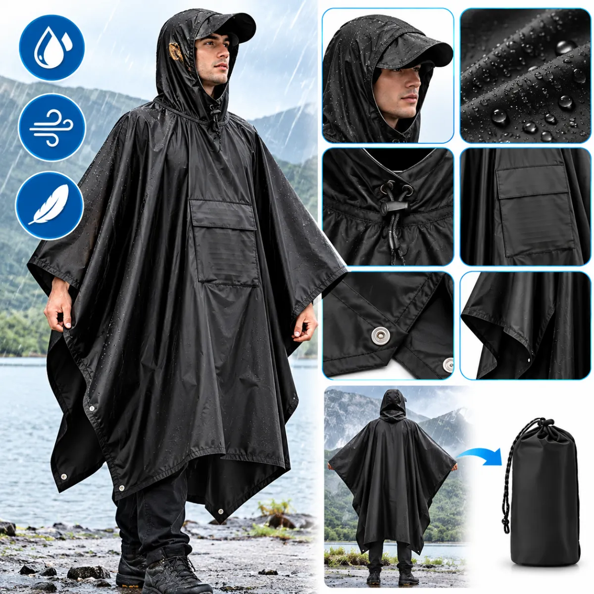 AMERICAN GENERICS - Capa De Lluvia Impermeable Con Capucha Para Adulto Color Negro