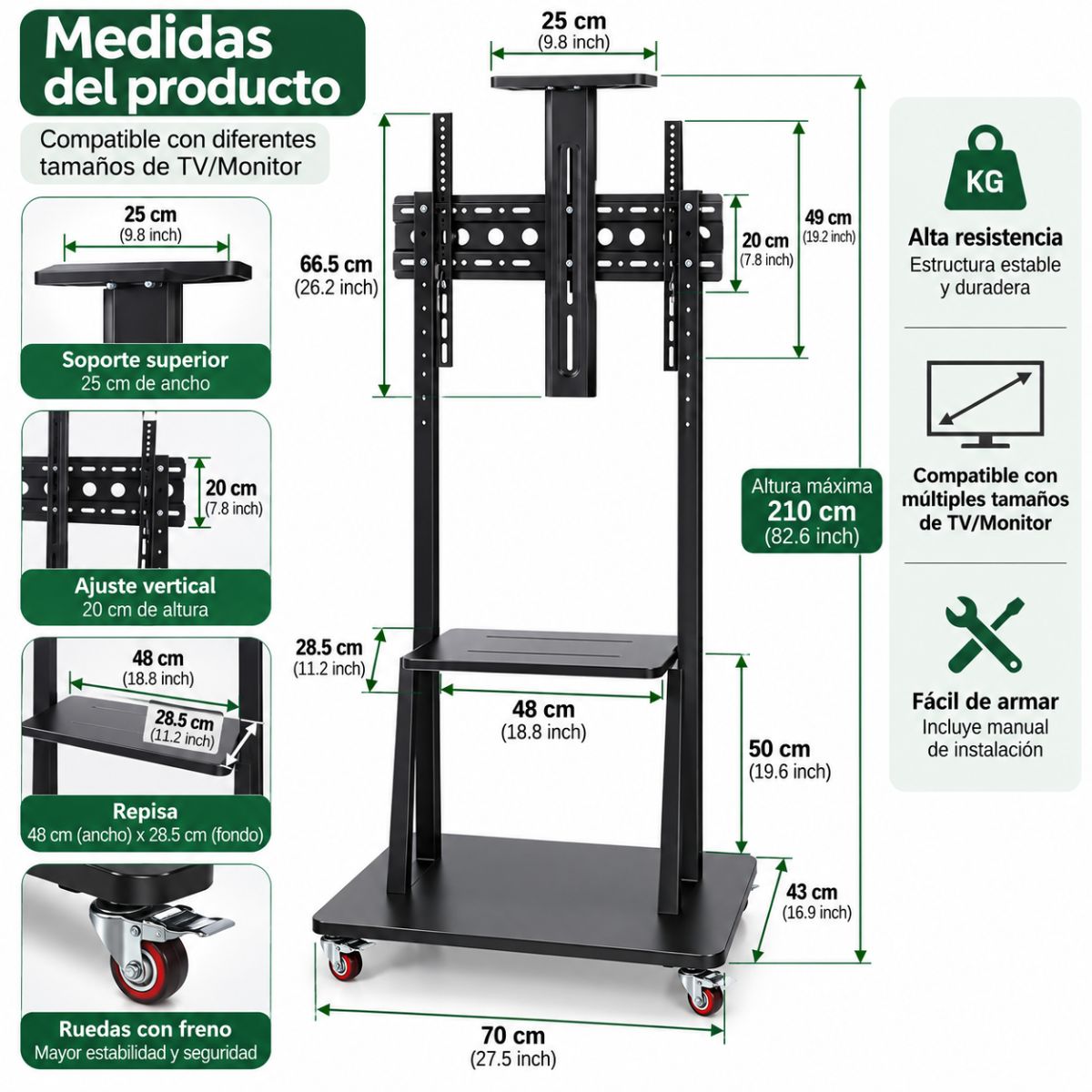 GENERICO - Soporte Pedestal Móvil Para TV 32 A 70 Pulgadas 50 Kg Ajustable