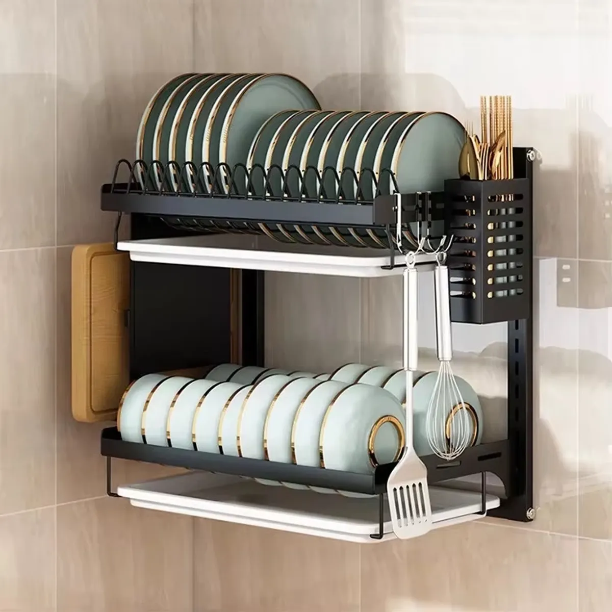GENERICO - Escurridor De Cocina Metálico 42 Cm De Dos Niveles Negro