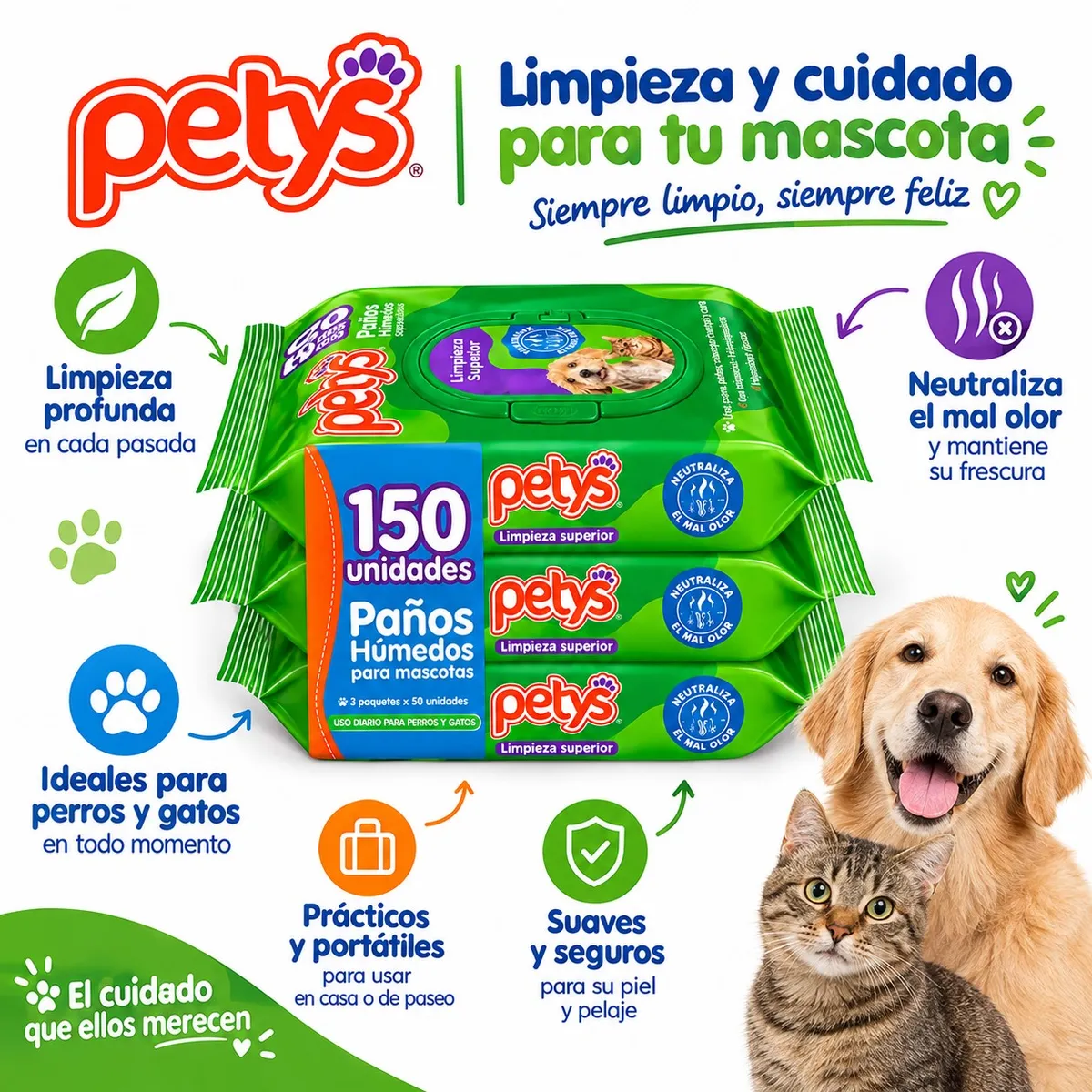 PETYS - Paños Húmedos Petys para Perros y Gatos – 150 Unidades