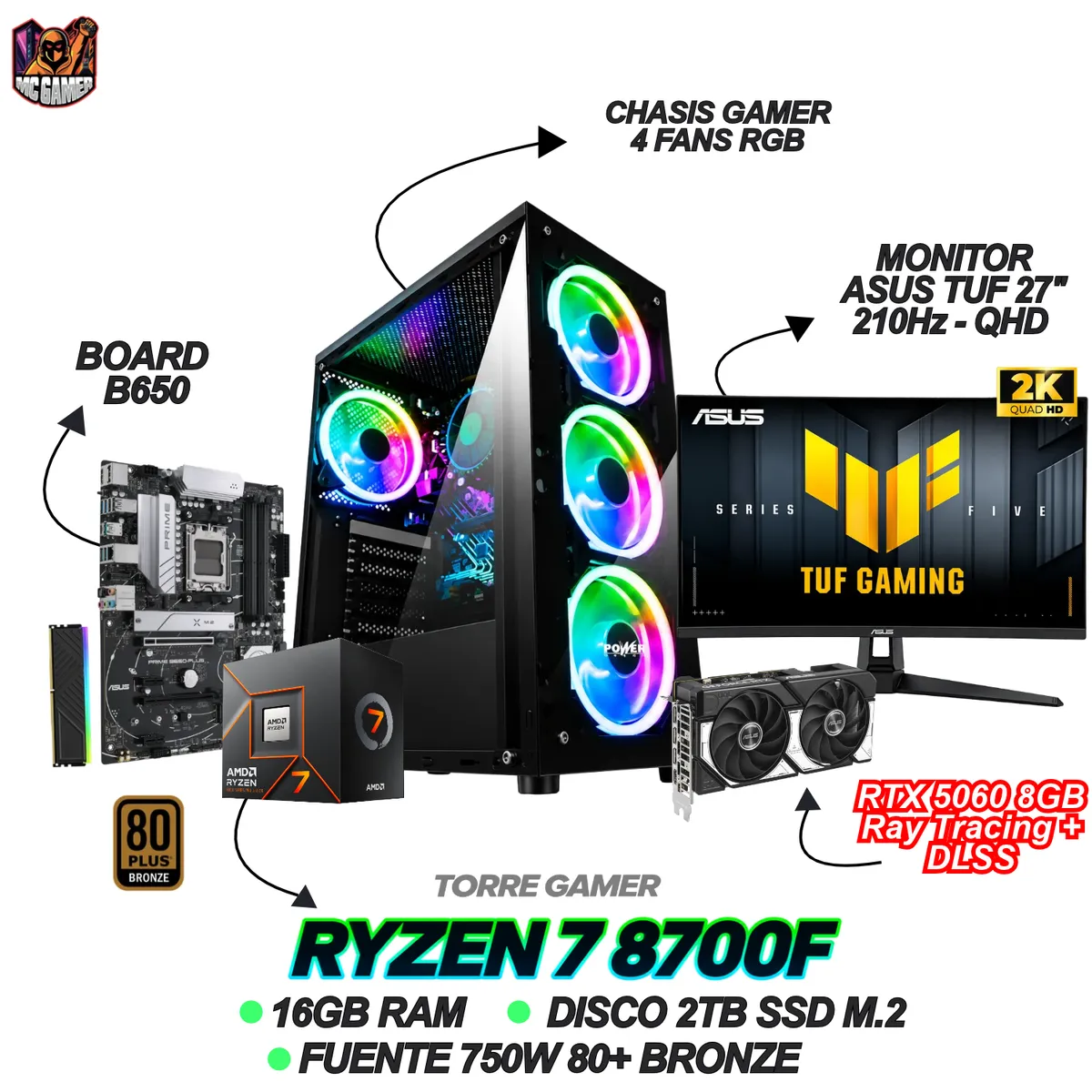 AMD - TORRE GAMING - RYZEN 7 8700F - RTX 5060 8GB - 16GB RAM - 2TB - MONITOR ASUS 27" 210Hz - QHD