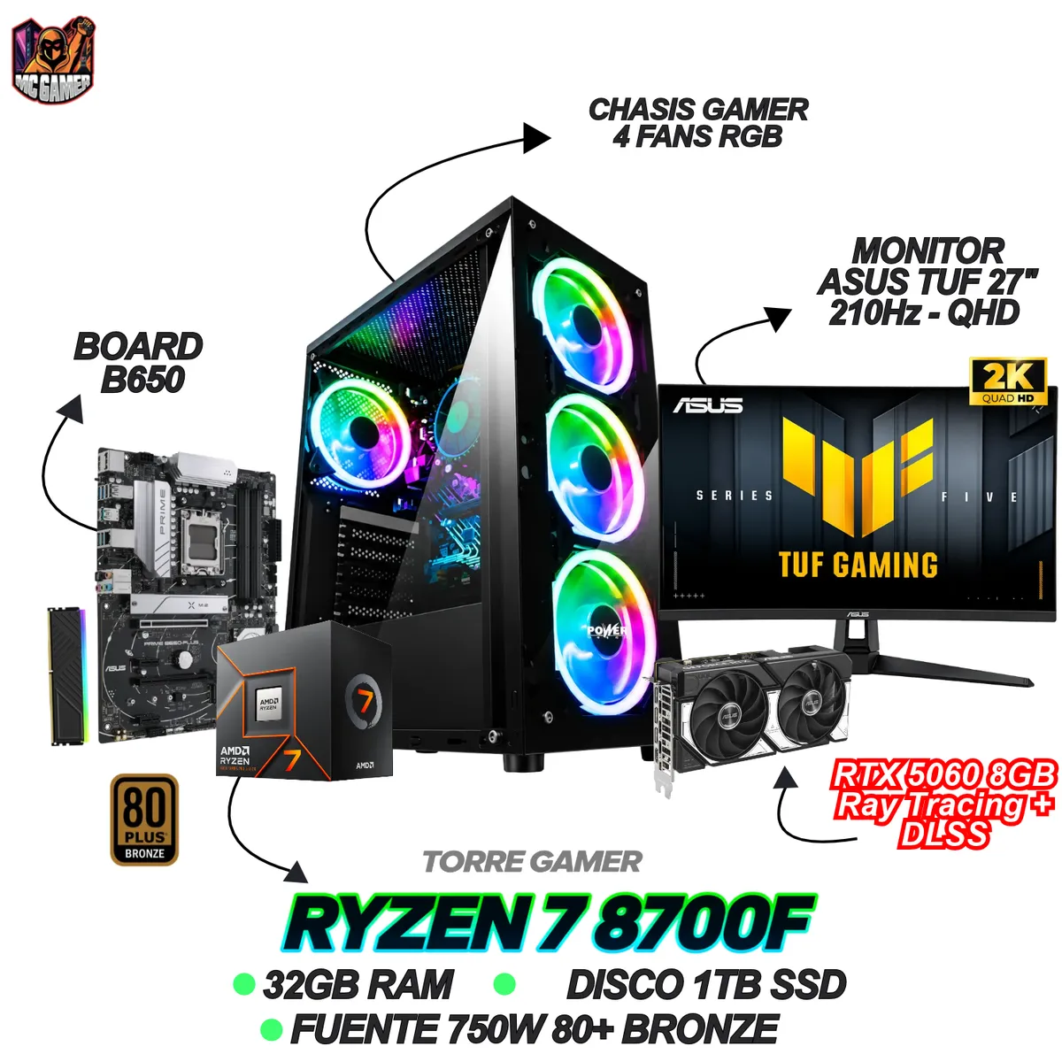 AMD - TORRE GAMING - RYZEN 7 8700F - RTX 5060 8GB - 32GB RAM - SSD 1TB - MONITOR ASUS 27" 210Hz - QHD