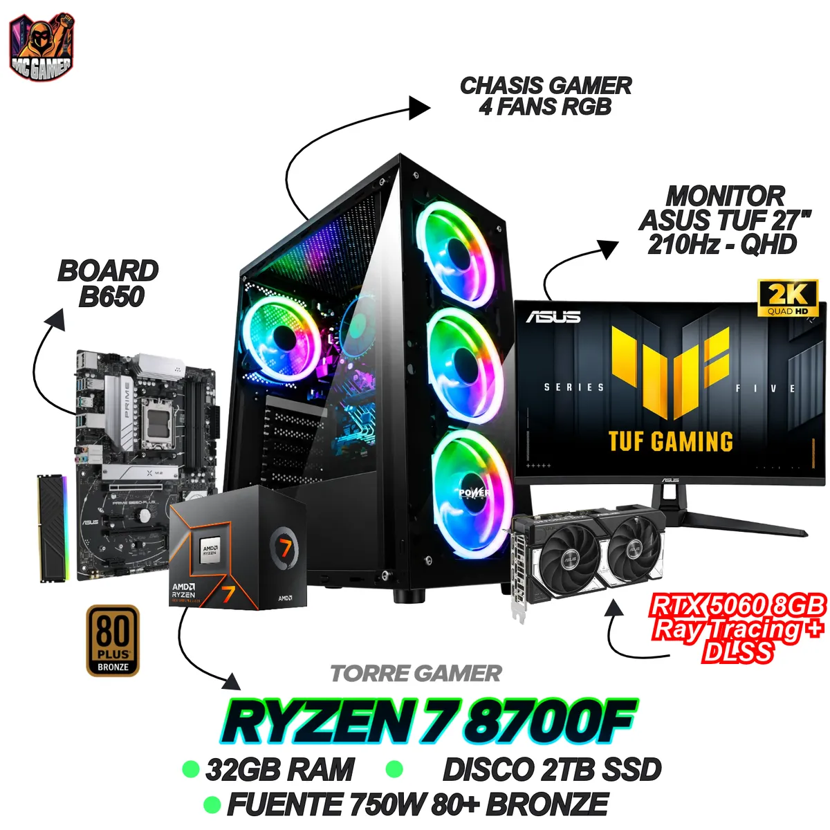 AMD - TORRE GAMING - RYZEN 7 8700F - RTX 5060 8GB - 32GB RAM - SSD 2TB - MONITOR ASUS 27" 210Hz - QHD