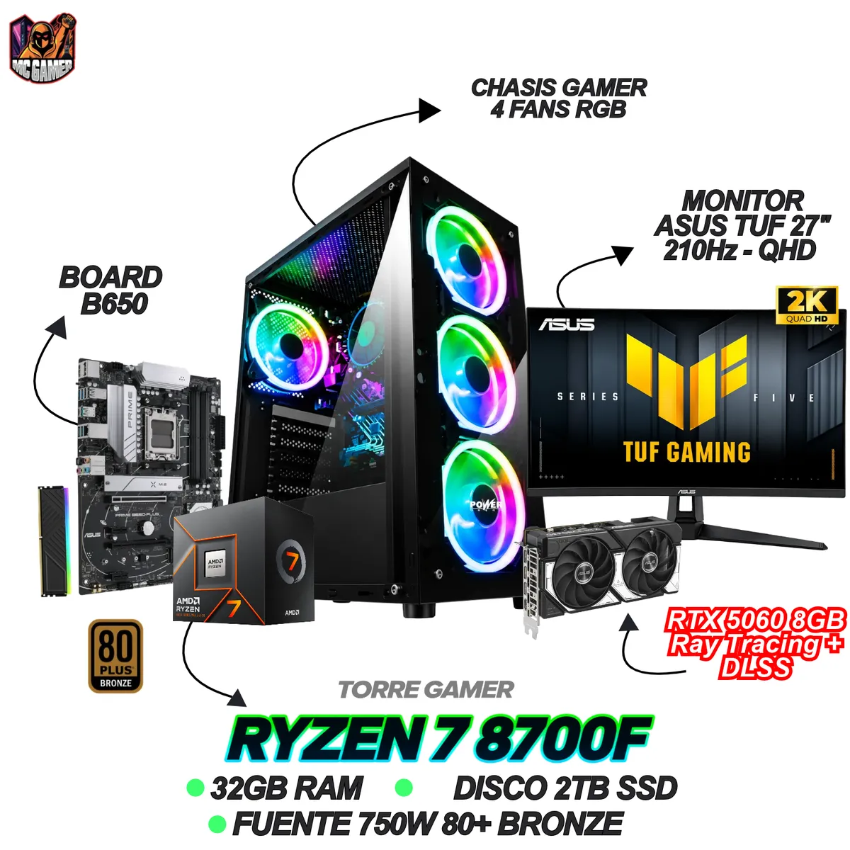 AMD - TORRE GAMING - RYZEN 7 8700F - RTX 5060 8GB - 32GB RAM - SSD 2TB - MONITOR ASUS 27" 210Hz - QHD