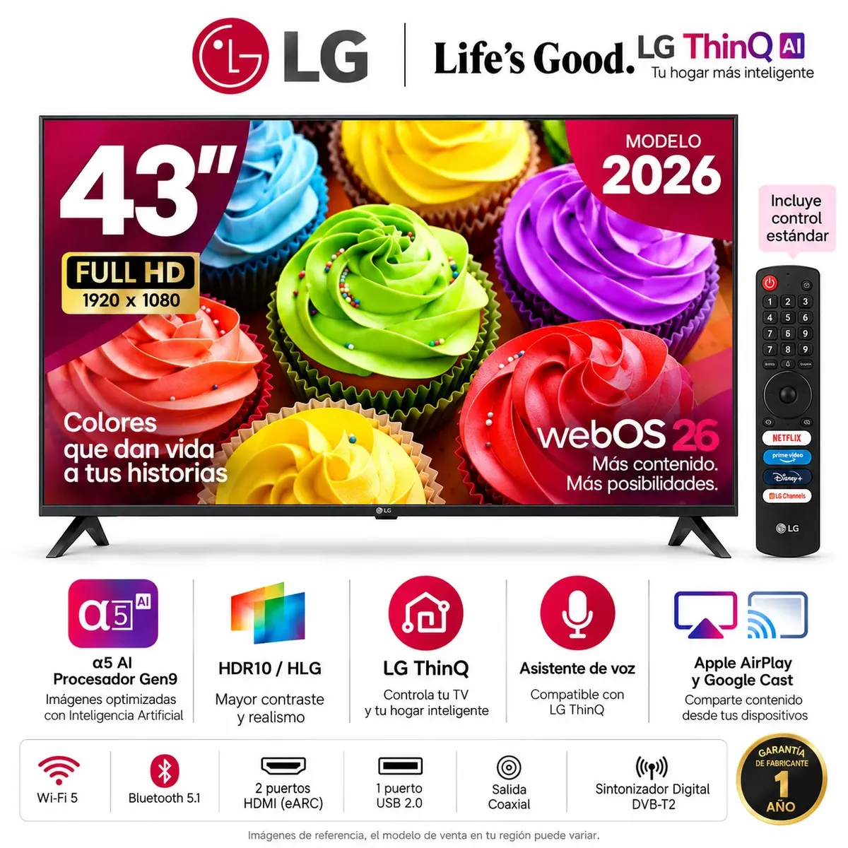 LG - Combo Televisor LG 43” Full HD Smart TV+Barra de Sonido Mertec Bluetooth 2en1+Soporte de Pared Fijo