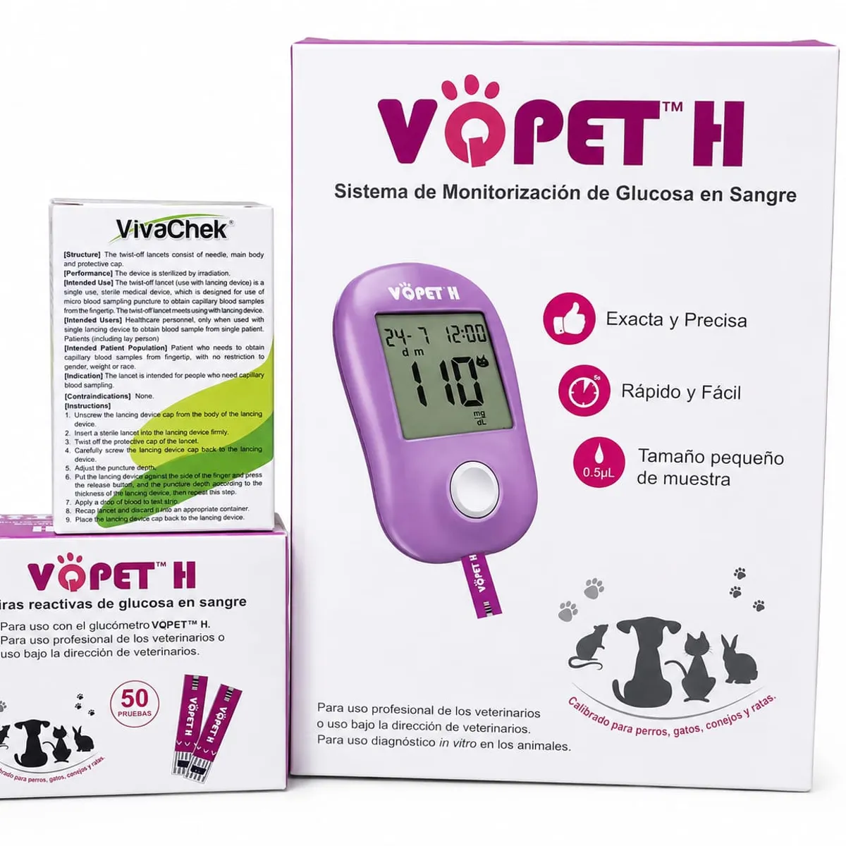 DATASAVE - Kit Glucometro Veterinario Vqpet H 60 Pruebas Violeta