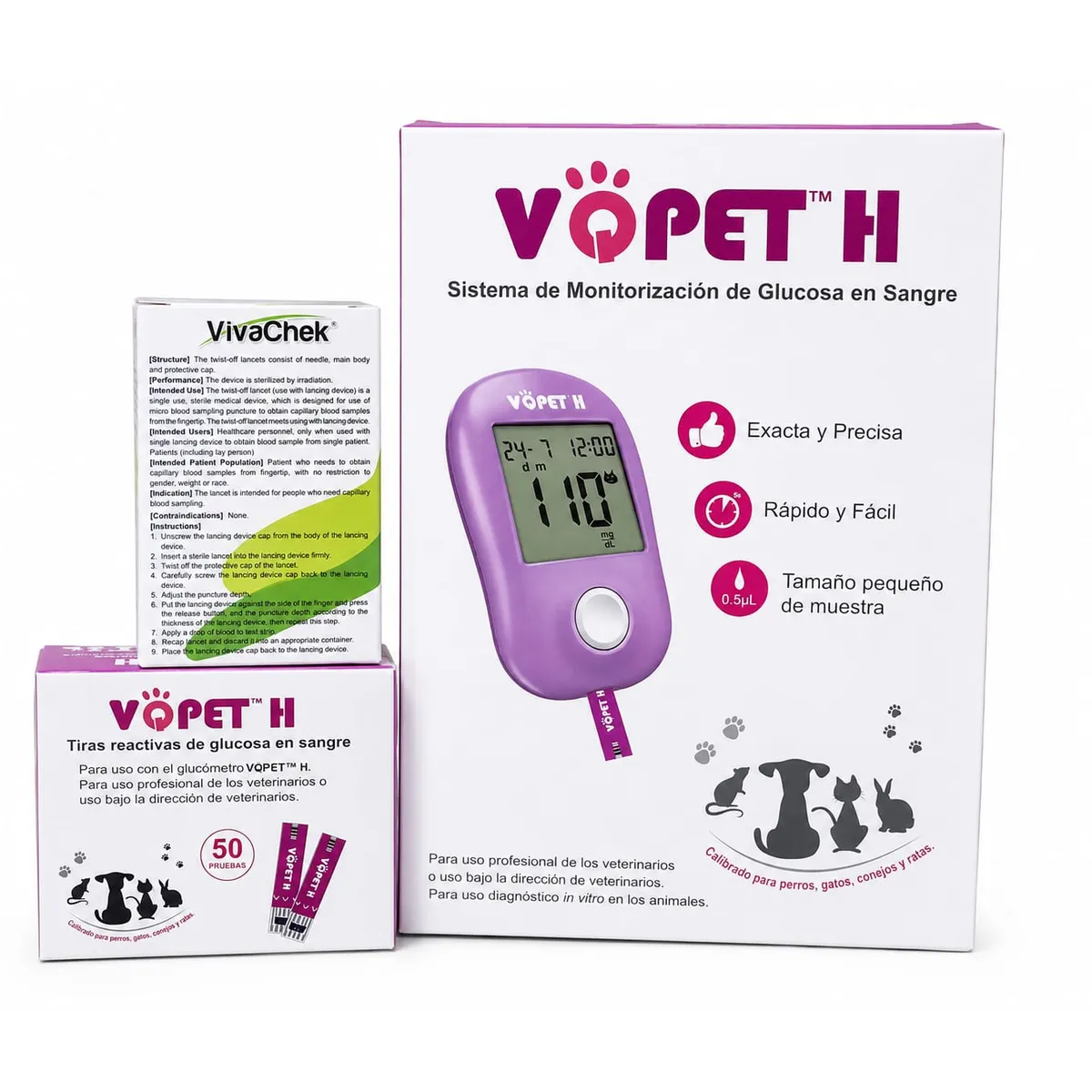 DATASAVE - Kit Glucometro Veterinario Vqpet H 60 Pruebas Violeta