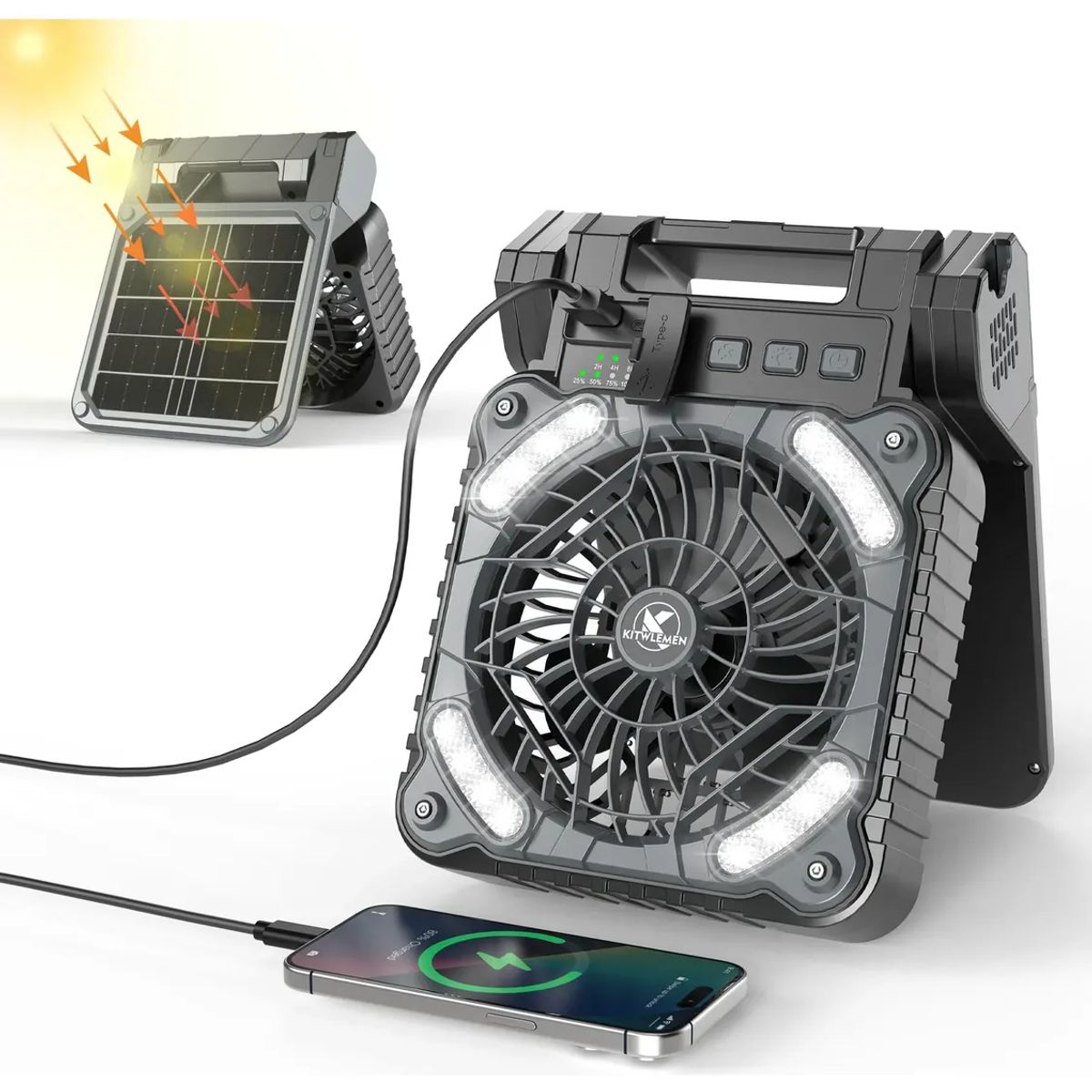 AMERICAN GENERICS - Ventilador Portátil Solar USB-C 5400mAh con Luz LED