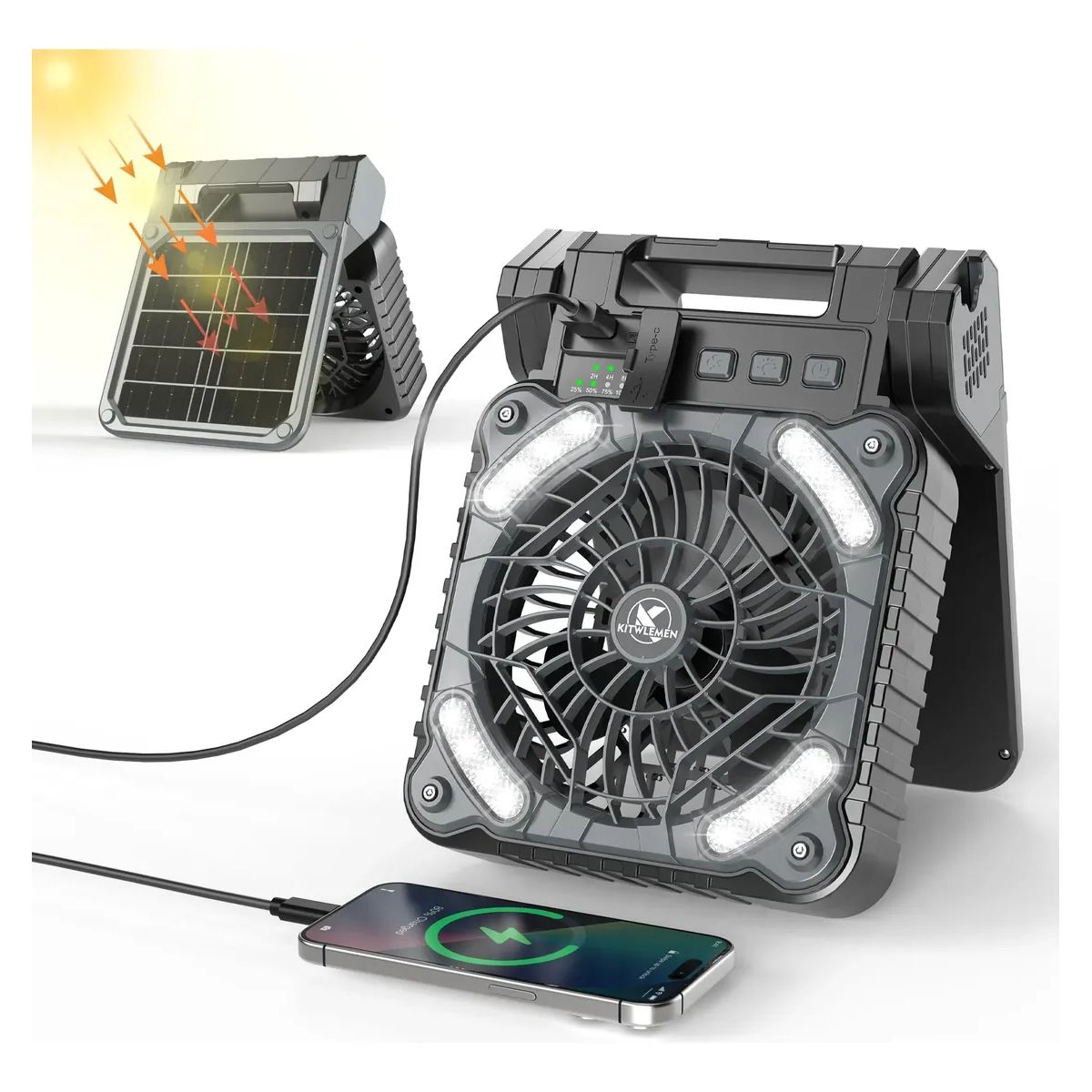 AMERICAN GENERICS - Ventilador Portátil Solar USB-C 5400mAh con Luz LED