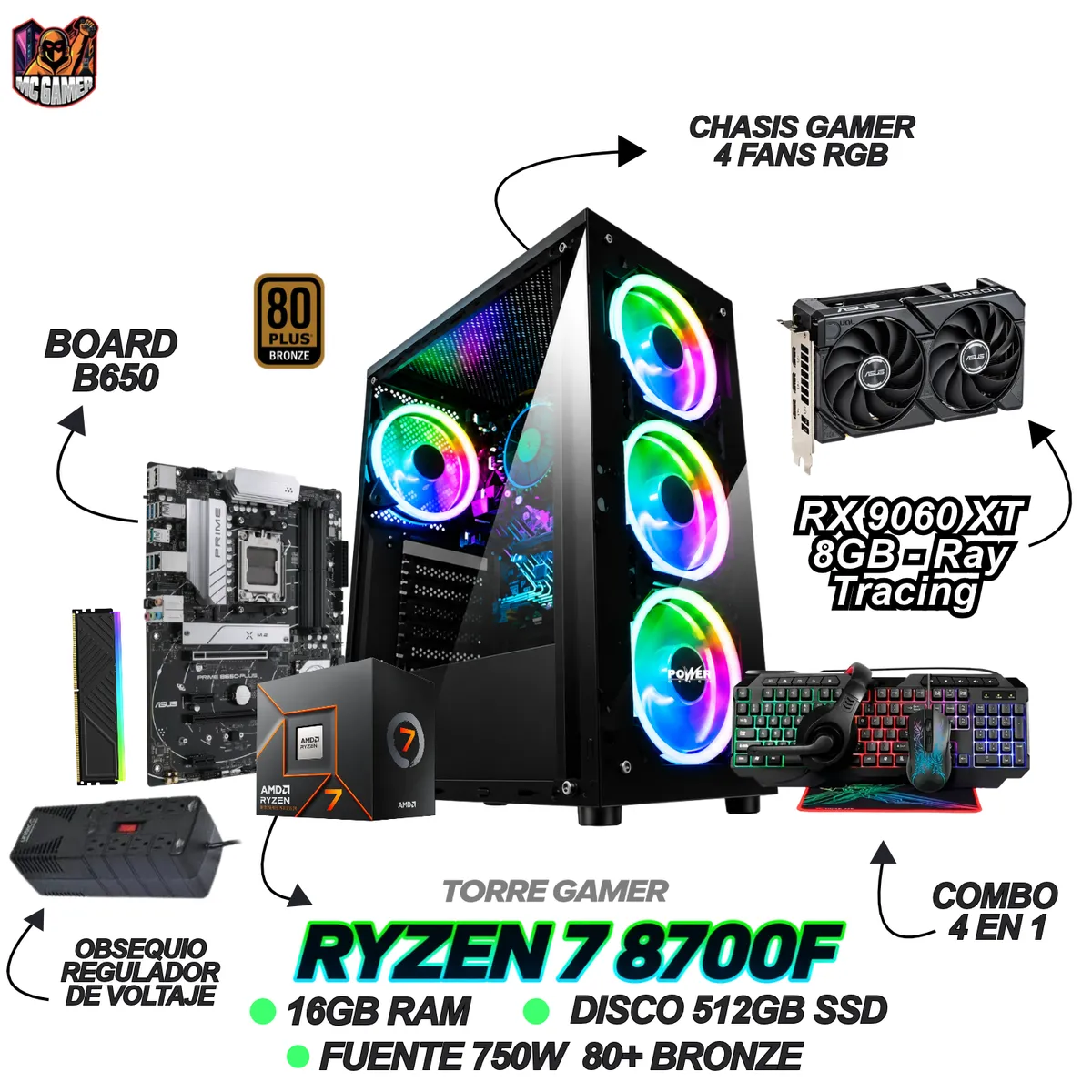 AMD - TORRE GAMER RYZEN 7 8700F - RX 9060XT 8GB - 16GB RAM - 512GB SSD M.2 - B650 