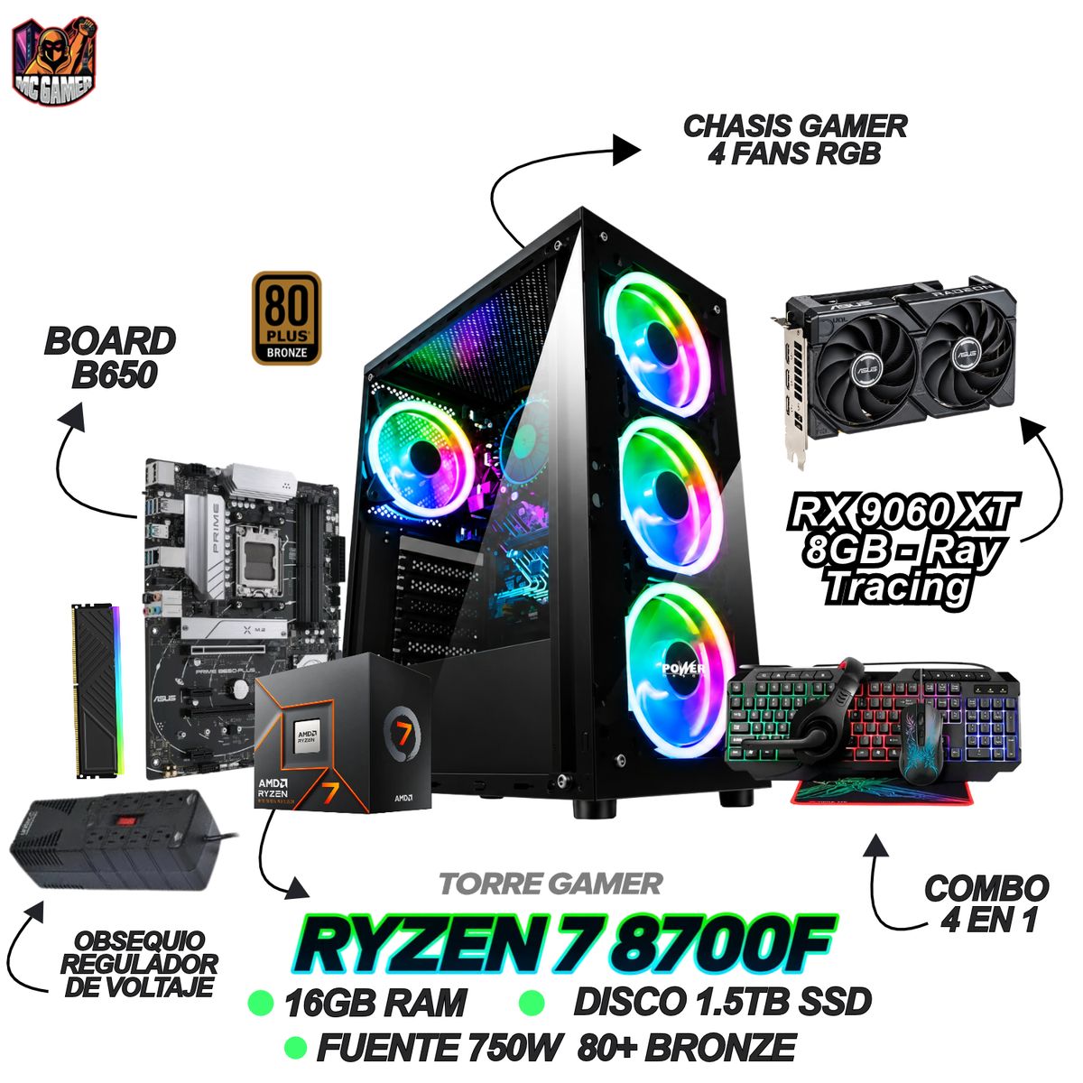 AMD - TORRE GAMER RYZEN 7 8700F - RX 9060XT 8GB - 16GB RAM - 1.5TB SSD - B650